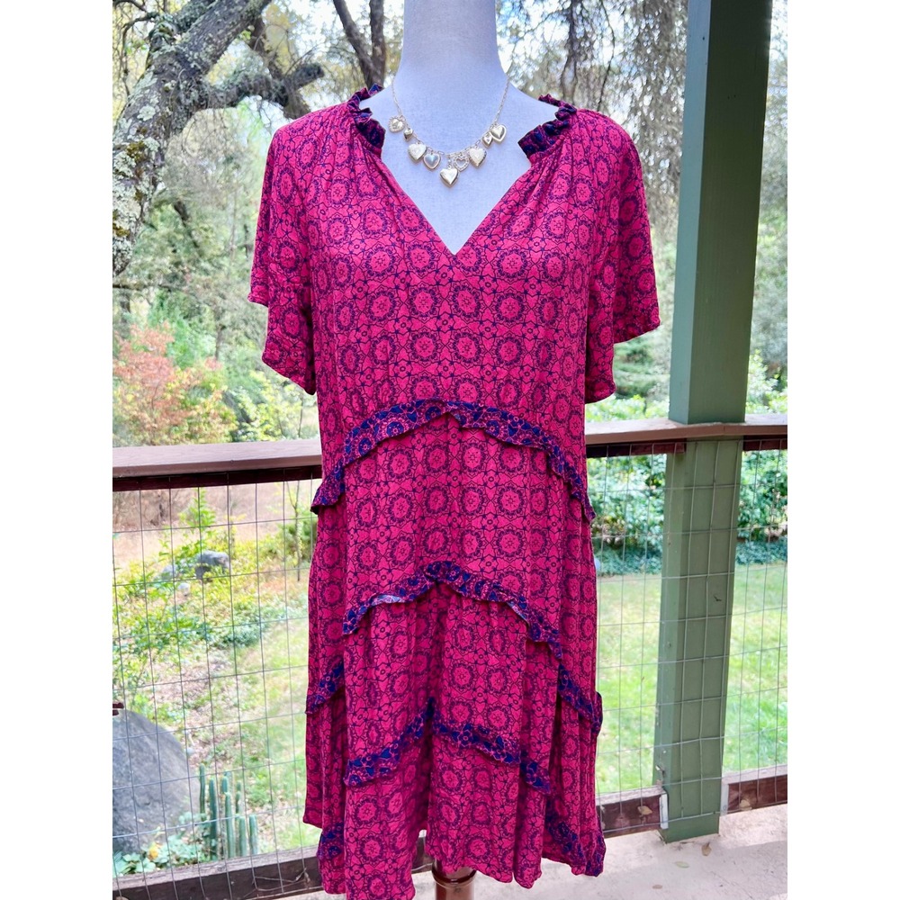 Anthropologie Robin tiered Ruffle Mini Dress Large V-Neck red medallion print